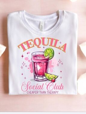 Bella Canvas White Tee with Pink Tequila Cocktail Graphic and Lime Accents